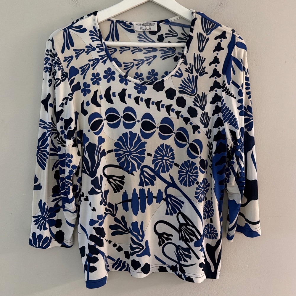 Averardo Bessi Italy Blue White Floral 3/4 Sleeve Viscose Stretch Top Size 12